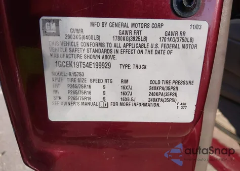 2004 Chevrolet Silverado 1500 Z71 from USA, damaged, VIN 1GCEK19T54E199929